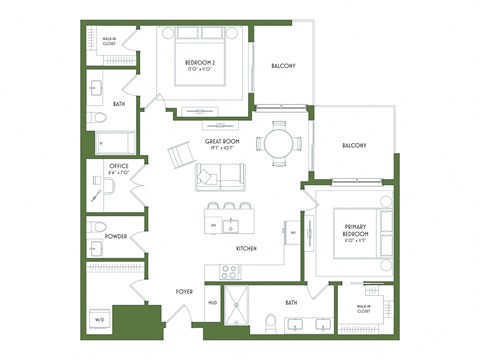 Floor plan for 2 beds, 2.5 baths, 1162 sqft